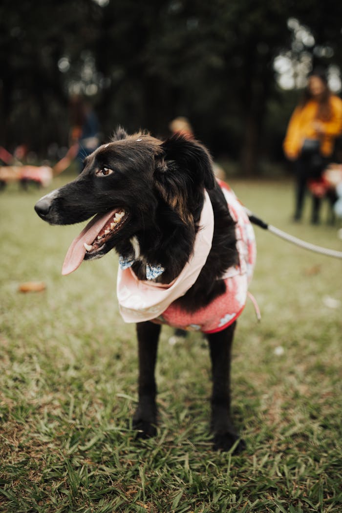 services-01 Cute black dog in a bandana enjoying a walk outdoors in a green park.
